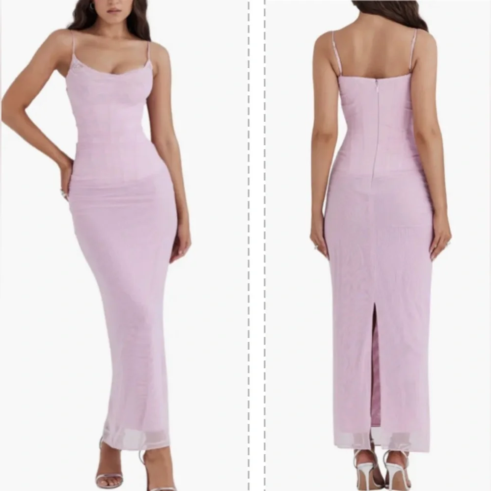 NWOT HOUSE OF CB Nalini Mesh Corset Piroutte Pink Gown sz M regular cup